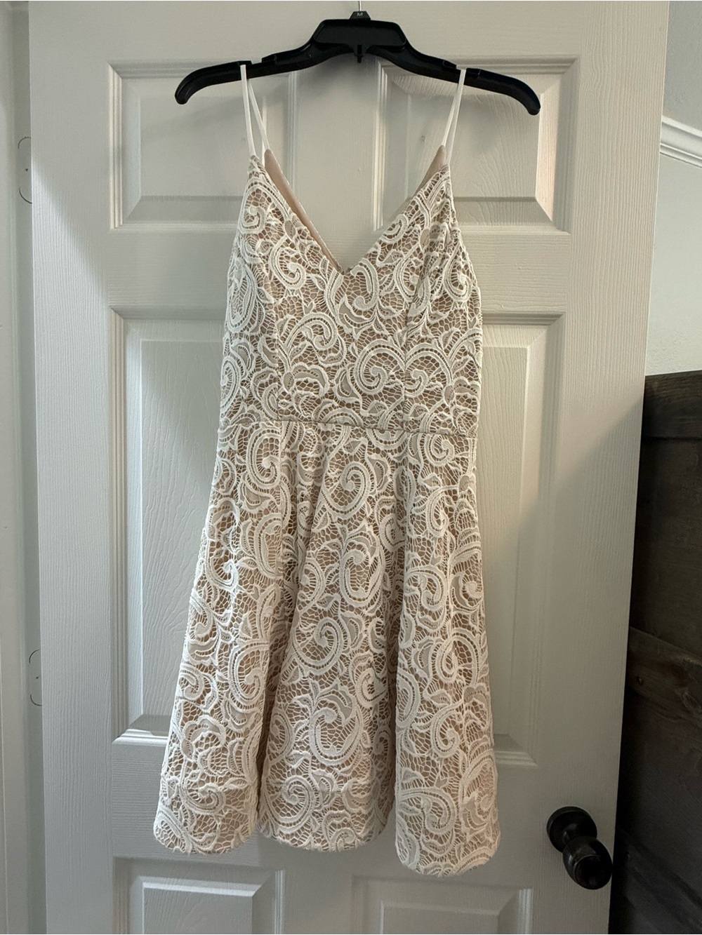 Sequin Hearts Beige Dress with White Lace Overlay